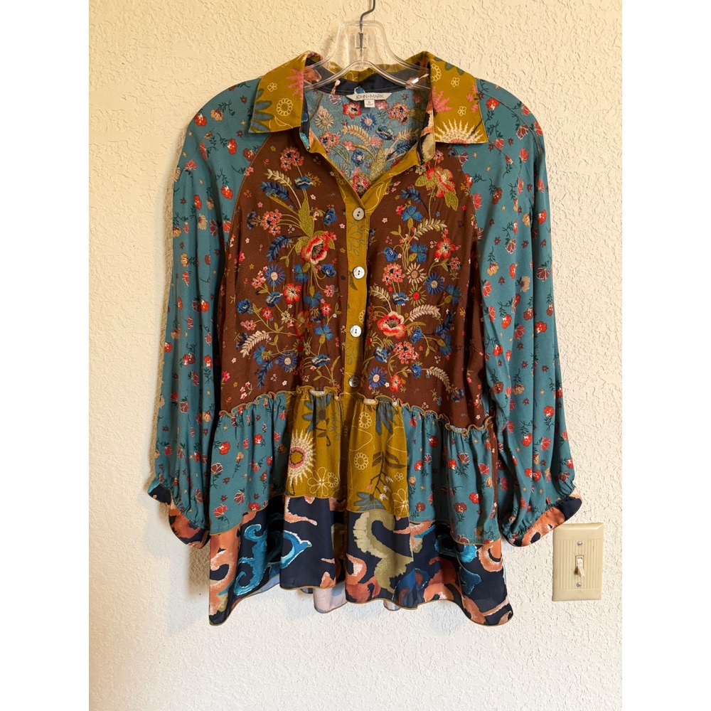 John Mark Women Teal Rust Patchwork Embroidered F… - image 1